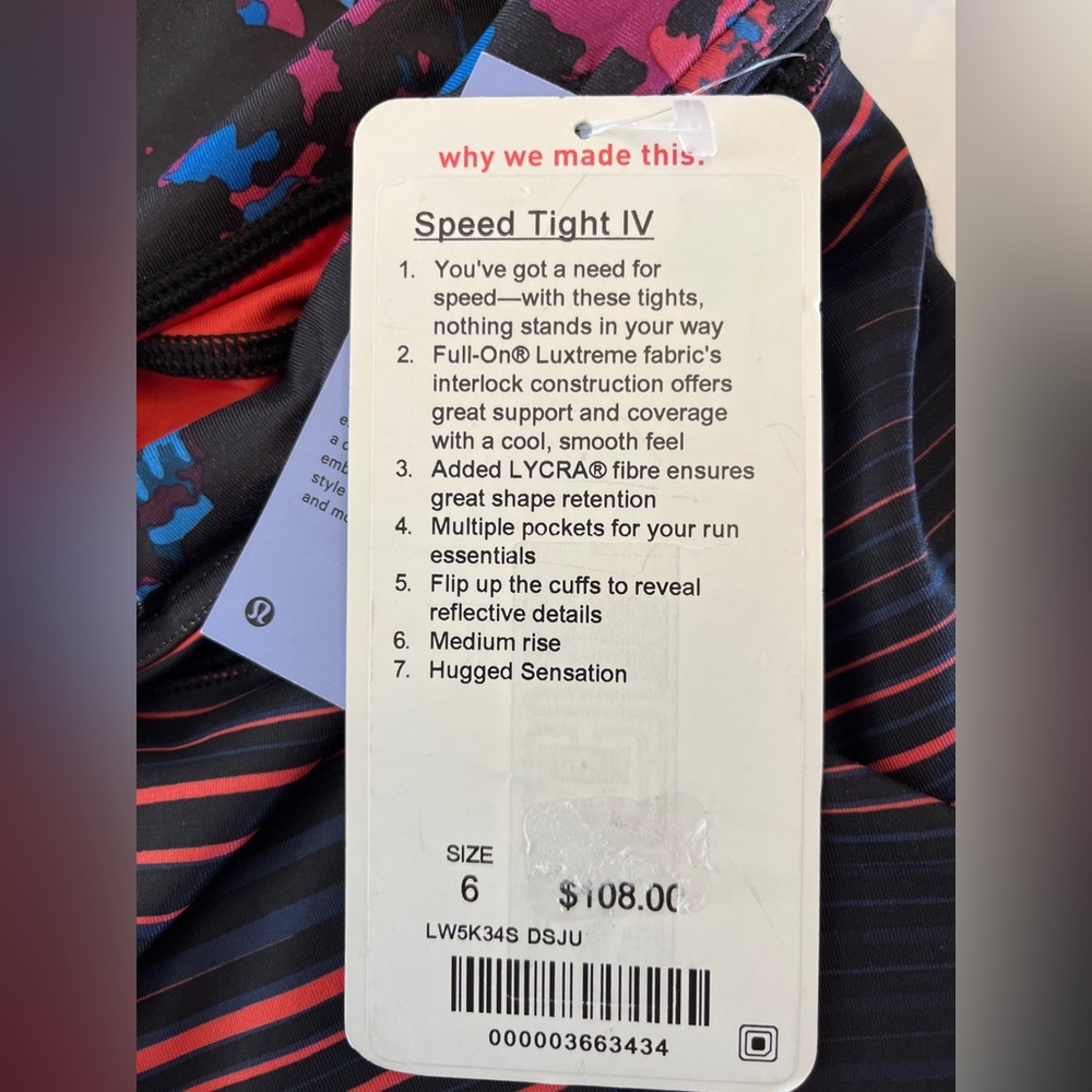 NWT Lululemon Speed Tight IV Size 6 Black Coral Stripe Running Leggings - Picture 6 of 7